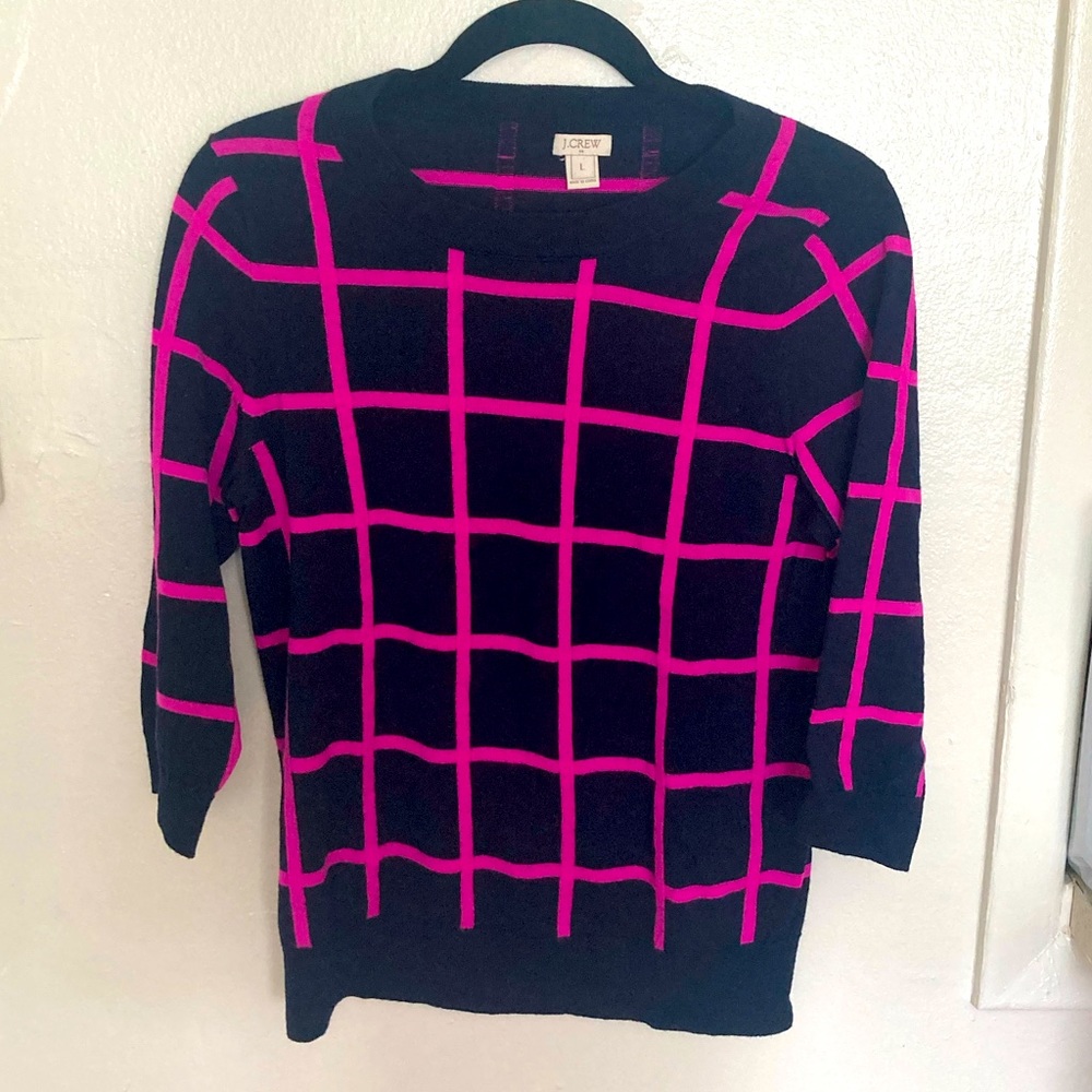 JCrew merino wool pink & navy windowpane sweater